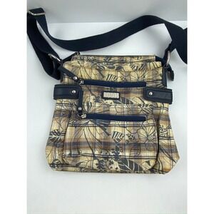 Roots Crossbody Bag Plaid Floral Navy Tan Multi Pocket Purse Soft Side 9x10"